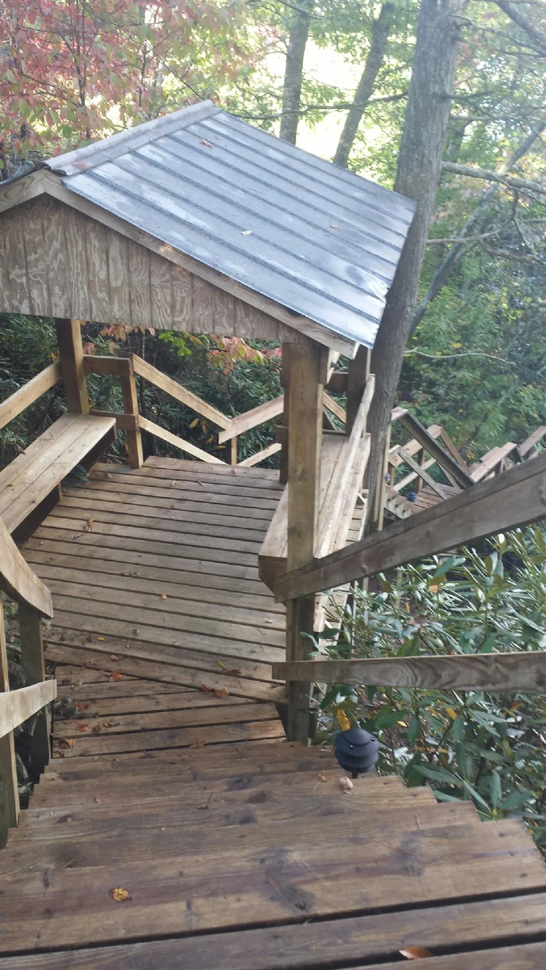 Metal roofed shelter over wooden steps on a wooded walkway — Skylight Repair & Installation work by our crew in De Beque